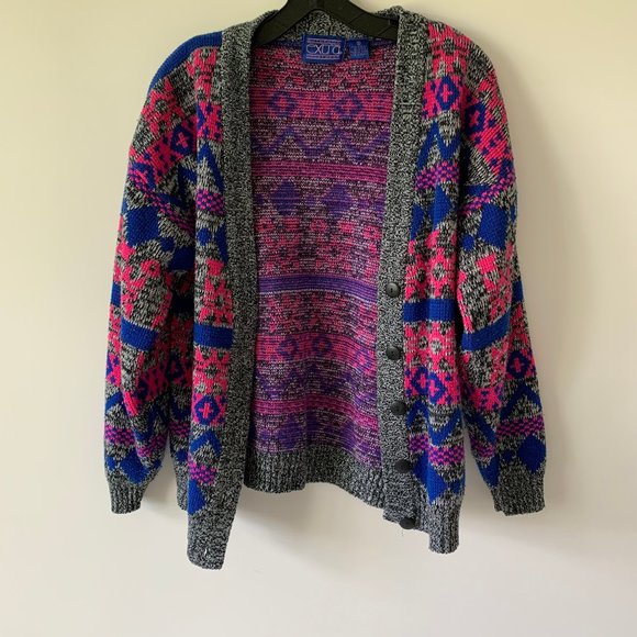 Sweaters - Vintage 80s Chunky Neon Button Up Cardigan